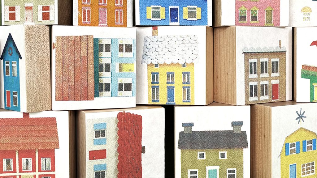 Claudine Crangle, Building Blocks, 2026. Detail of work in progress. Screenprinted Japanese washi paper on wooden blocks. Dimensions variable.