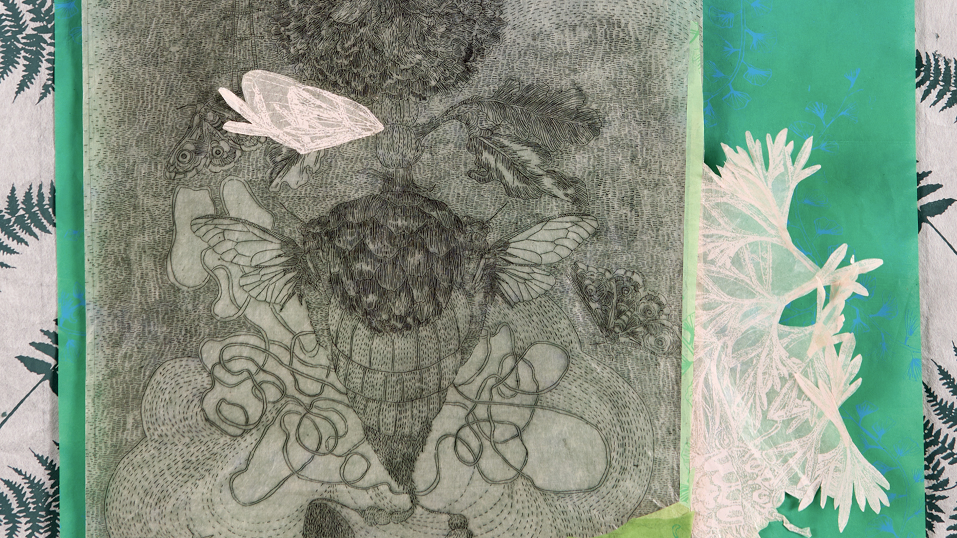 Elizabeth D'Agostino, Grafted Series: Mend Ill (detail), 2026, monotype, etching, screenprint, and collage on Washi (Japanese paper), 30