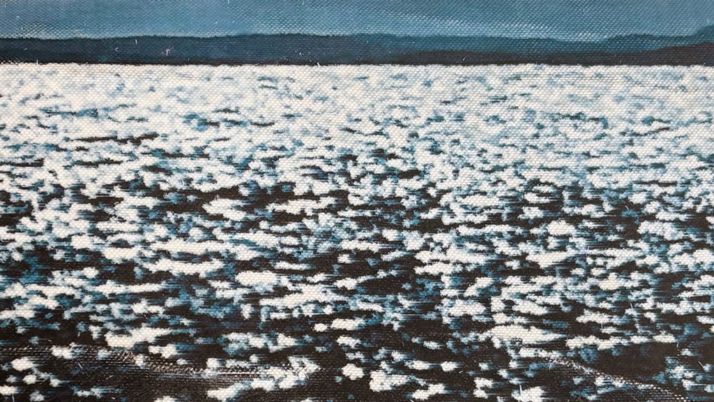 Özge Dilan Arslan, What the Sea Alters, 2026. Detail of work in progress. Mixed media: patchworked linen, photographic gel transfers, screenprinted symbolic forms, and sewn elements. Dimensions variable.